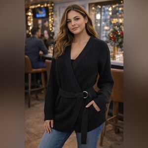 NWT Missguided Black D-Ring Belted Wrap Front Knit Cardigan Size Medium